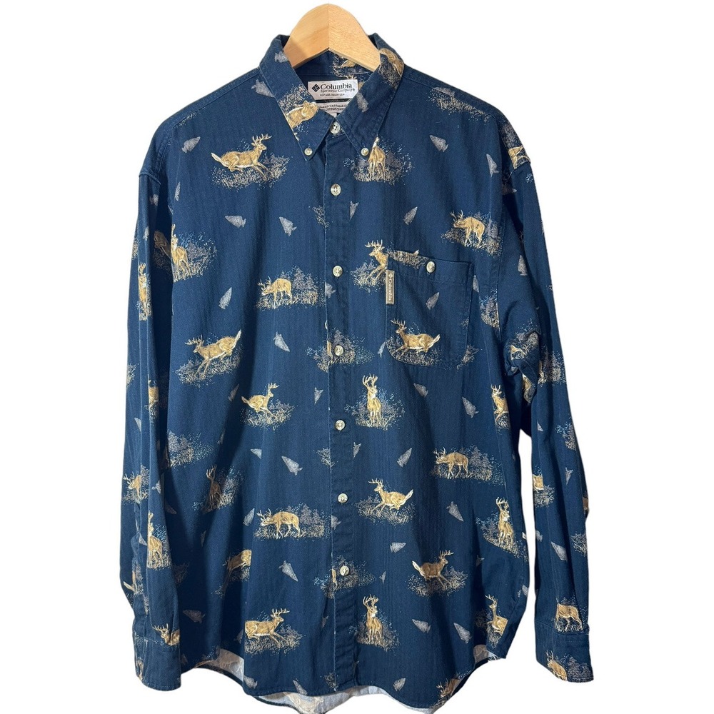 Columbia Shirt Men's Med Navy Whitetail Deer Print Long Sleeve Button Down EUC